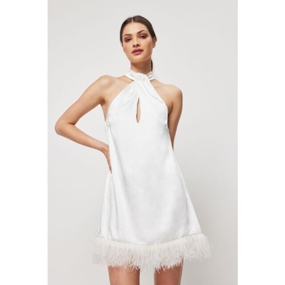 ELLIATT Rachel Dress Ivory Satin Halter Sz Small Feathers Keyhole Neck NWT Flaw